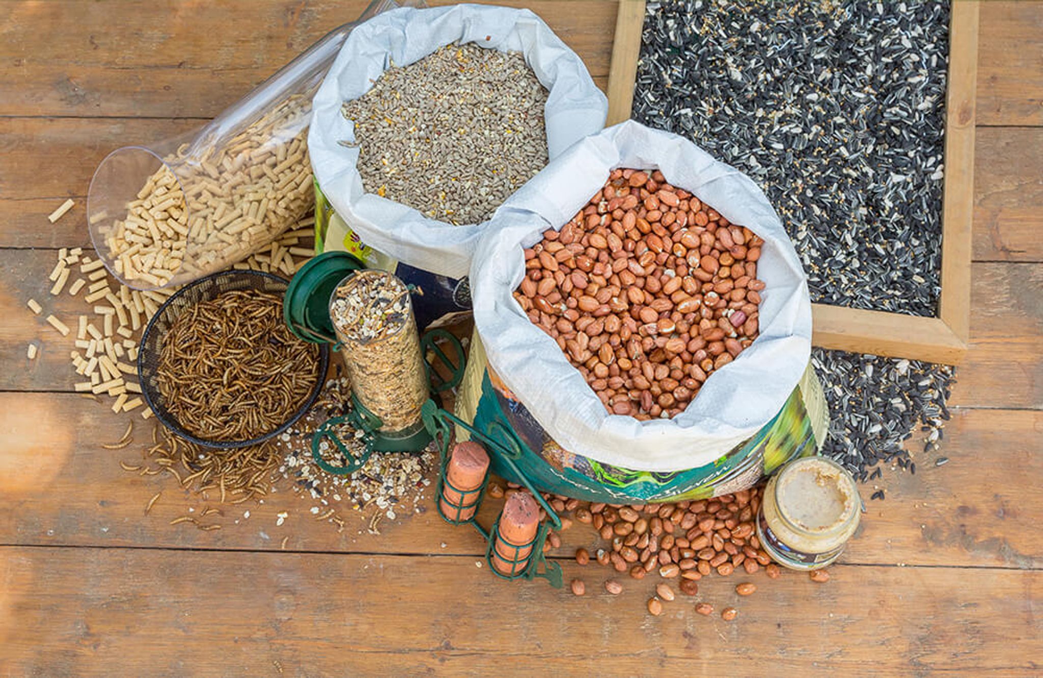 A variety of bird foods, including peanuts, sunflower hearts, mealworms and seed mixes.