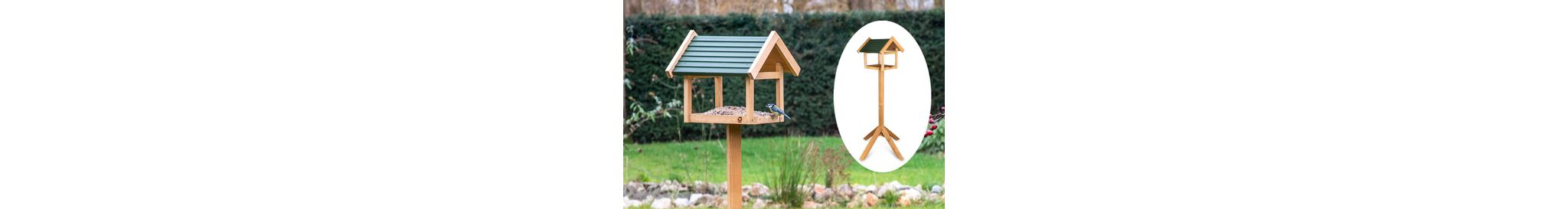 Eine Blaumeise besucht ein Vogelhaus mit Ständer.