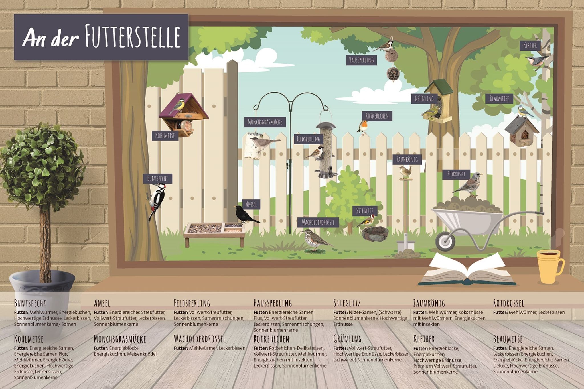 Infografik zeigt welche V&ouml;gel am liebsten von welcher Futterstelle im Garten fressen.
