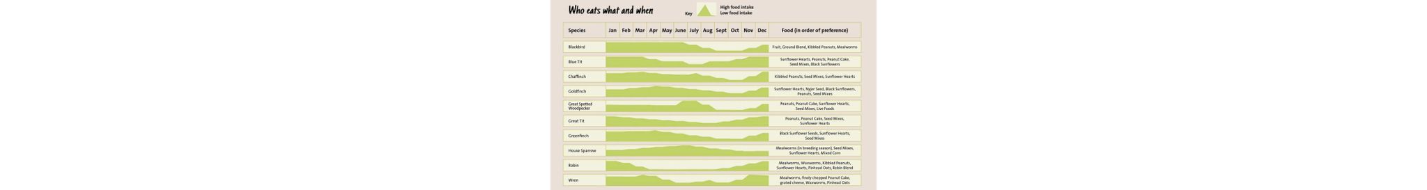 Infografik zeigt welche Vögel am liebsten von welcher Futterstelle im Garten fressen.