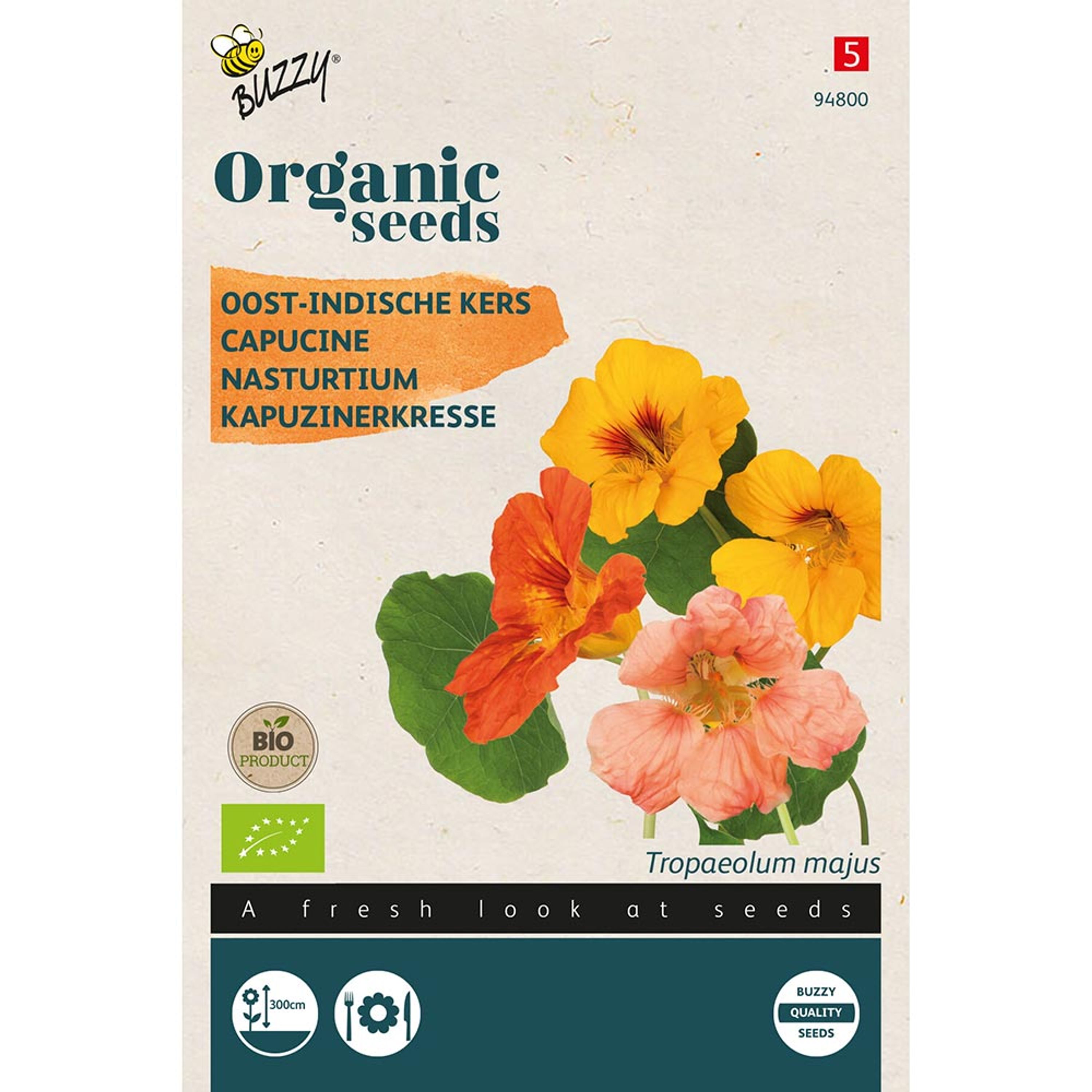 Organic Nasturtium Seeds - Single Flower Mix from Buzzy Seeds(r)